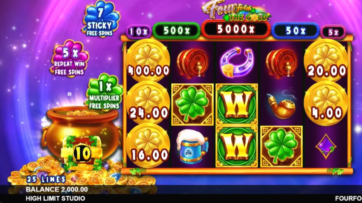 Tampilan visual slot Fourfold the Gold dengan tema kosmik dan leprechaun.