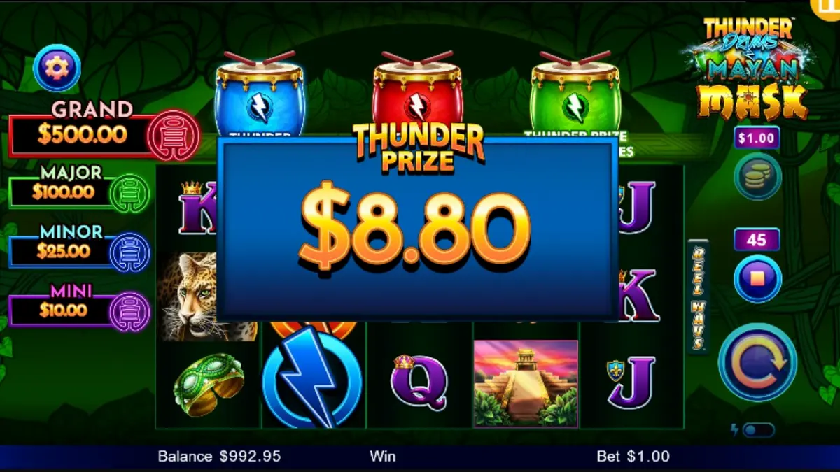 Tampilan visual slot Thunder Drums Mayan Mask dengan tema kuil kuno dan petir.