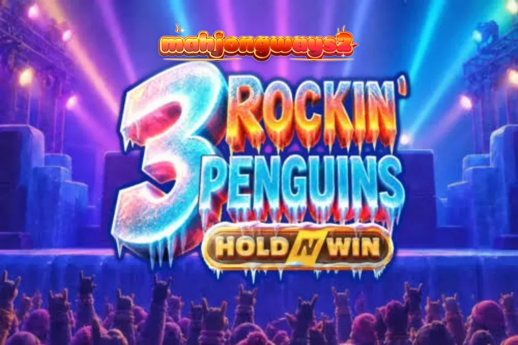 Tiga karakter penguin punk di atas panggung konser dalam slot 3 Rockin’ Penguins